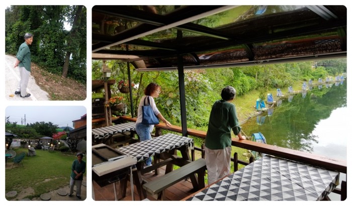 나무사이를 산책하는 정한용님/카페 정원에서 풀을 바라보고 있는 정한용님/식당 테라스에서 호수를 바라보고 있는 정한용님과 박현주님