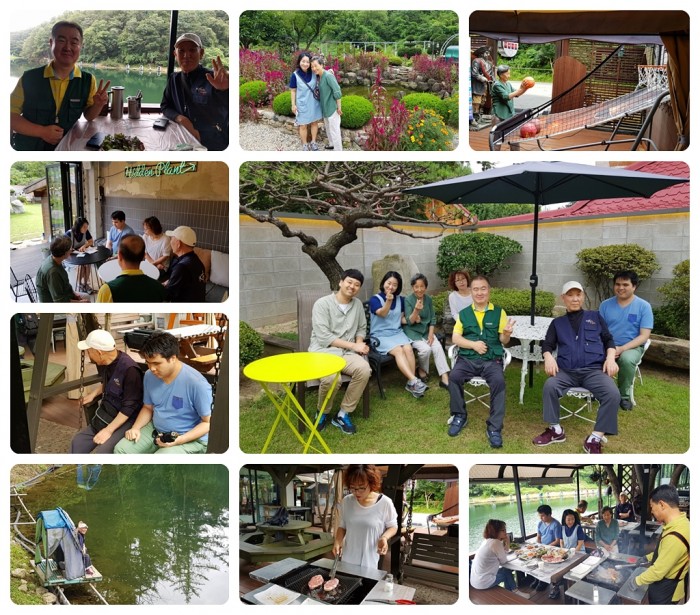 홍보위원회 5명과 하싱직원 2명이 벤치에 앉아서 찍은 단체사진, 농구하는 홍보위원, 호수 앞에서 낚시하는 자리에 앉은 홍보위원, 그네를 타는 홍보위원, 고기를 굽는 홍보위원, 바비큐 식사를 하고 있는 홍보위원과 직원 등